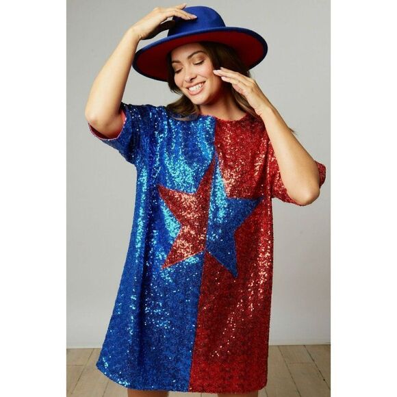Fantastic Fawn Dresses & Skirts - Fantastic Fawn Big Reputation Color Block Sequin Star Dress Red/Blue IFD54232-01